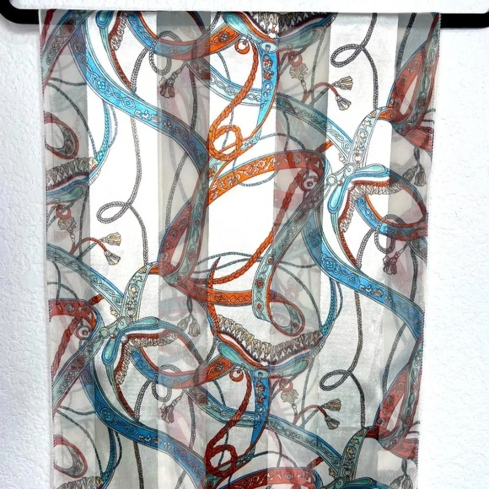 Satin & Sheer Ivory Rust & Blue Printed Scarf Ascot Hair Wrap